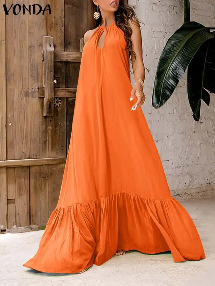 

Plus Size VONDA Women Summer Sexy Long Dress Elegant Sleeveless Tank Halter Sundress Ruffled Solid Loose Party Beach Sundress