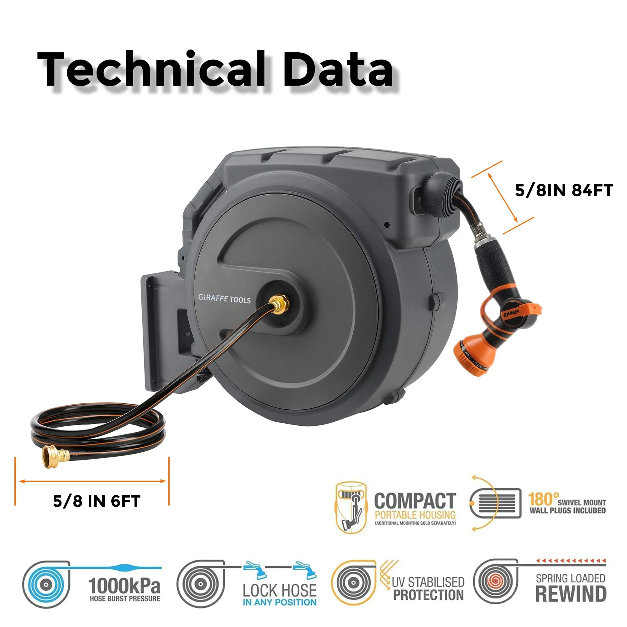 Giraffe Tools AW40 Retractable Hose Reel 5/8" x 90 ft Wall Mounted Garden Hose Reel Heavy Duty, Automatic Rewind 2