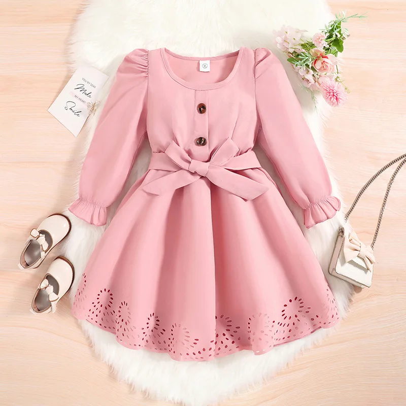 

2023 Winter New Girls Dress Long Sleeve O Neck Sashes Pink Cute Designer Girls Princess Dress Vestido 12M-5T