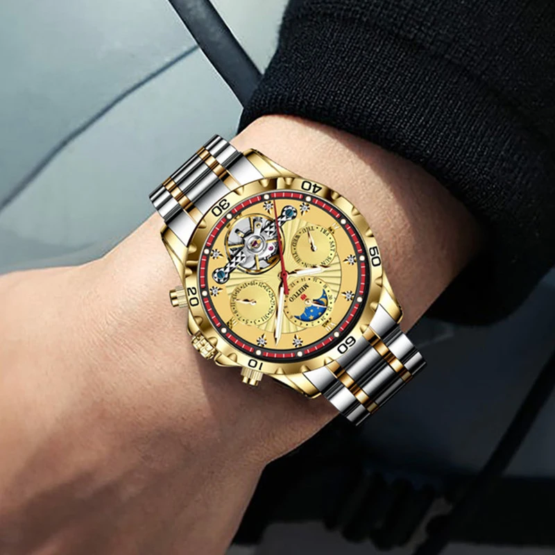 GLENAW Brand Watch for Men Automatic Mechanical Luxury Waterproof Stainless Steel Strap Scratchproof Gold Men Watch Reloj Hombre