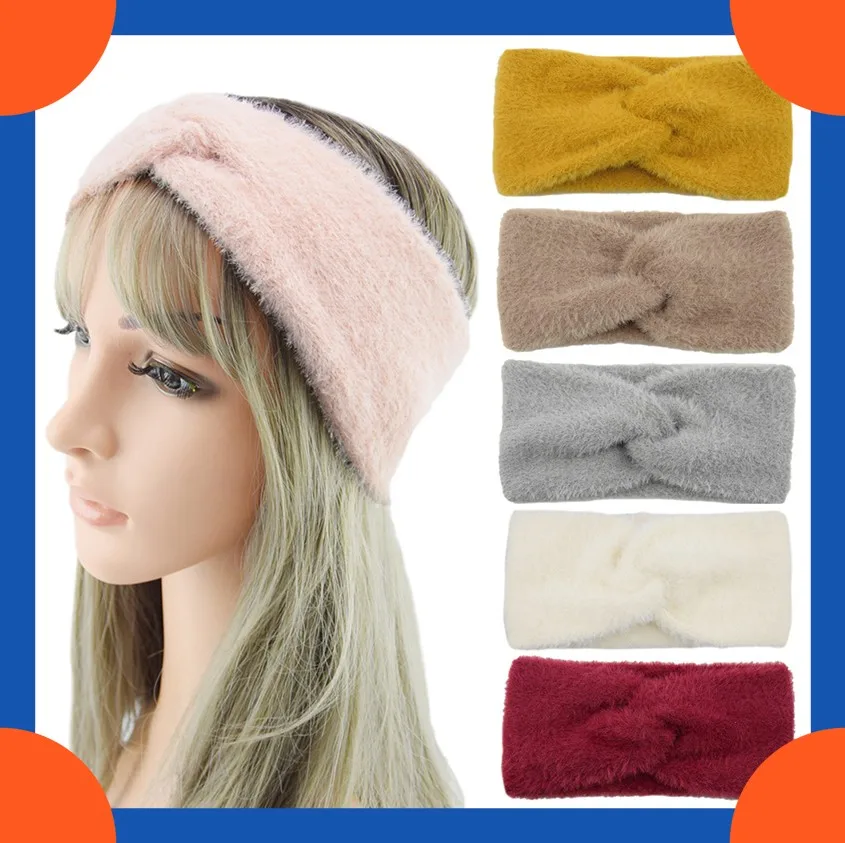 Fluffy Knot Headbands Autumn Winter Imitation Mink Cashmere Solid Color Bow Hairbands Warm Women Sweet Headband Hair Accessories