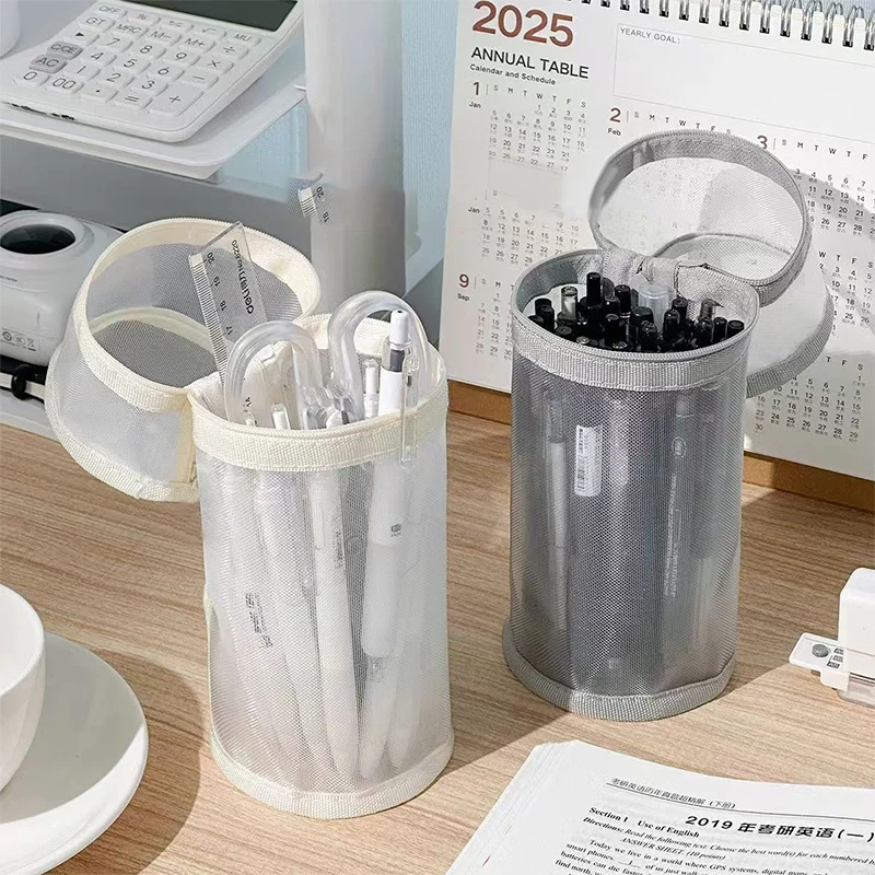 1Pcs 메쉬 연필 케이스 투명 편지지 가방 학교 학생을위한 휴대용 펜 가방 Office 편지지 주최자 스탠딩 펜 홀드