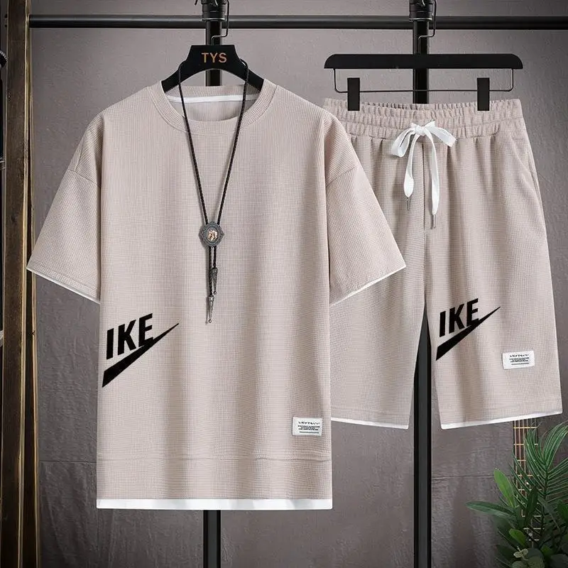 

Summer Man Tracksuit Cartoon Streetwear Hip Hop Rock Casual Short Suit Letter Printed Waffle T Shirts Shorts 2 Piece Set New