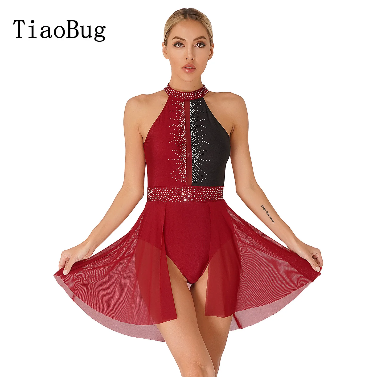 

Women Shiny Rhinestone Lyrical Dance Dress Contrast Color Backless Leotard Dresses Figure Skating Performance Costume