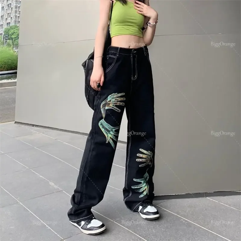 fashion blue hole straight wide leg trousers y2k hollow cargo pants women mom jeans ripped jeans women baggy high waisted pants High Quality Palm Print Jean Baggy Slouchy Y2k Baggy Streetwear Wide Leg Women Jeans New High Waisted Cargo Pants Women Clothing