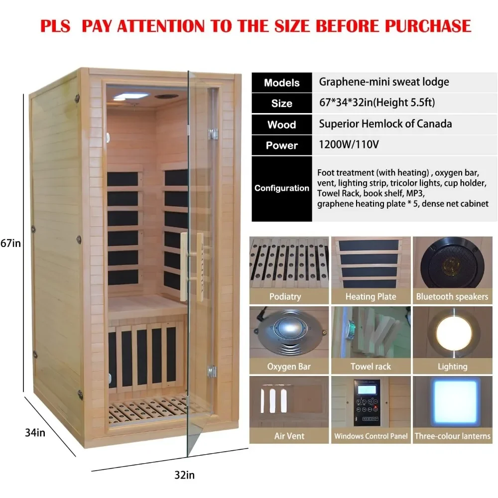 Indoor Far Infrared Sauna Room, Low EMF 5 Heating Panels 1400W Infrared Therapy with Bluetooth Speakers LED Lamp 1 Person Spa 6