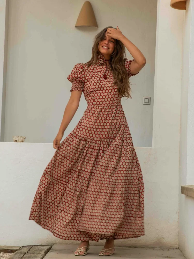 

Elegant Backless Lace Up Ruffles Printed Long Dress Women Fashion O Neck Puff Short Sleeves Maxi Dresses Chic Lady Holiday Robes