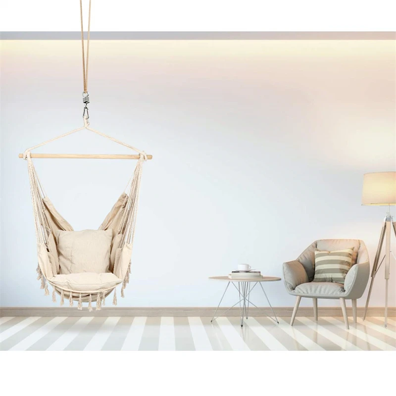 Hammock Swing Chair Hammock Chair Hanging Rope Swing Max 500 Lbs 2 Cushions Included Large Macrame Hanging Chair with Pocket for Superior Comfort