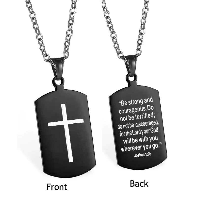 Cross Bible Men's Necklace with ''Be Strong and Courageous ''Dog Tag Pendant Religious Jewelry 24Inch Chain 2
