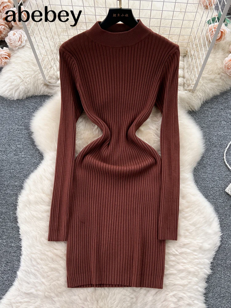 فستان نسائي قصير محبوك ، نصف ياقة ، رقبة ، مثير ،...