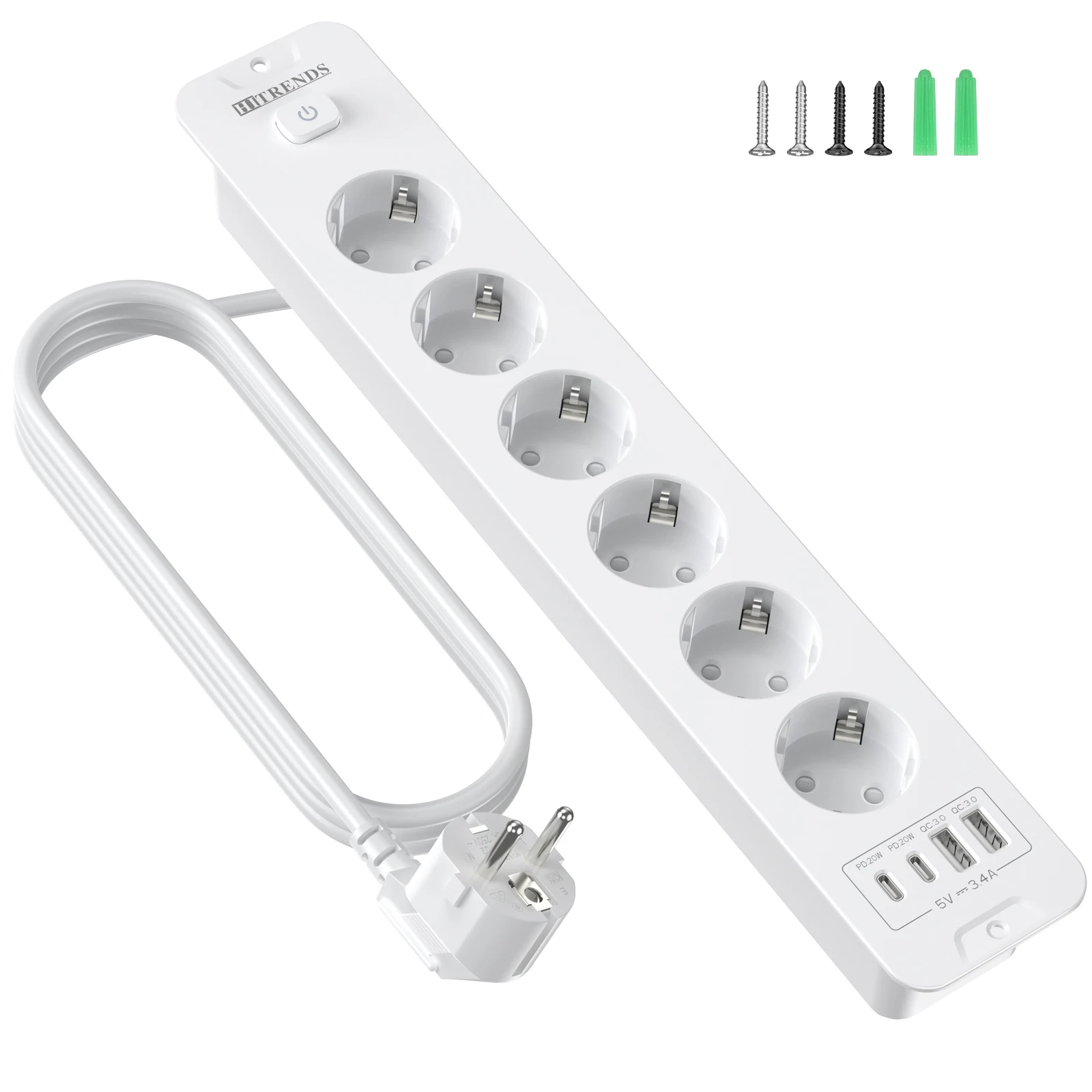 European Power Strip with Built-in USB Fast Charging and 2m Cable