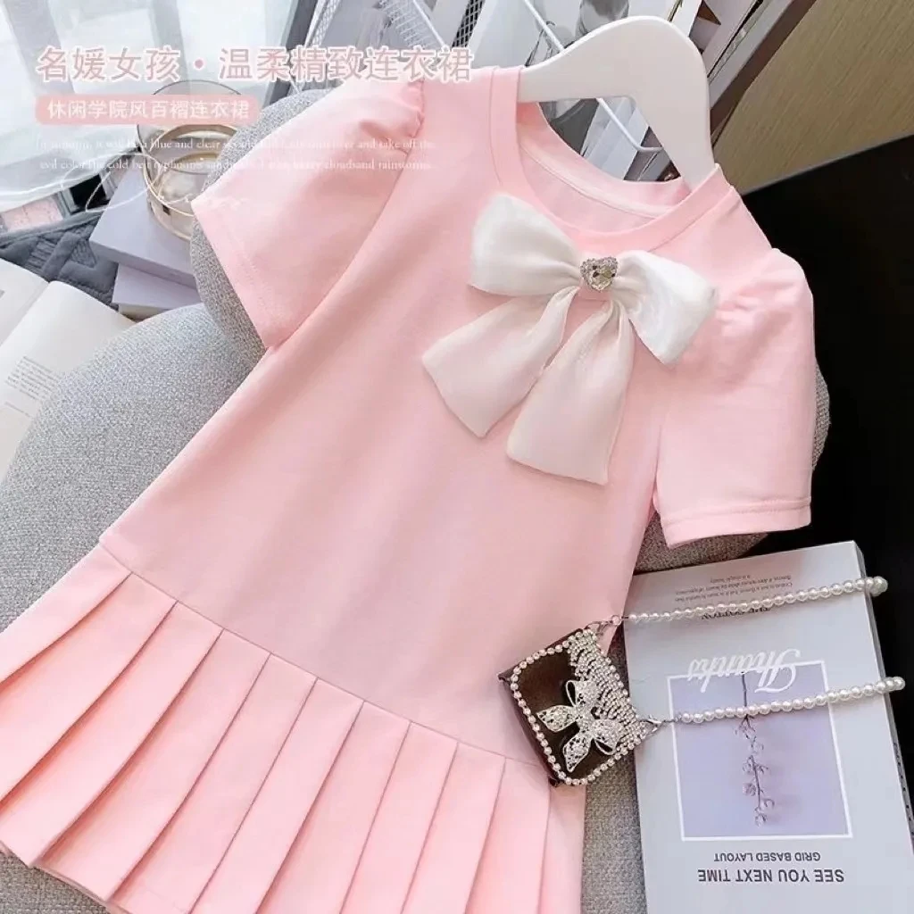 

Summer Toddler Baby Girl Short Sleeve Dress with Bow Kids Cute Pleated Princess Dresses for Girls Solid Daily Outfits Clothing