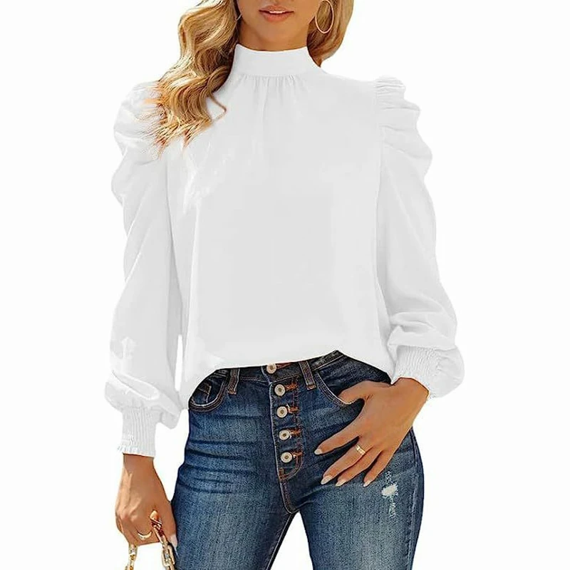 Womens Puff Sleeve Blouses Mock High Neck Pleated Top Blouse Elegant Long Sleeve Shirt Solid Color Pullover Shirts