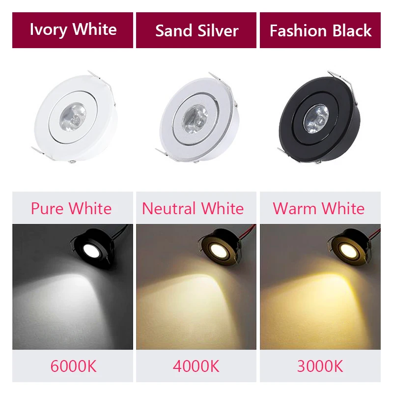 LED 미니 다운라이트, 조도 조절식 스포트 라이트, 오목한 램프, AC85-265V 천장 조명, 알루미늄 52mm, 드라이버 포함, 1W, 3W, 6 개