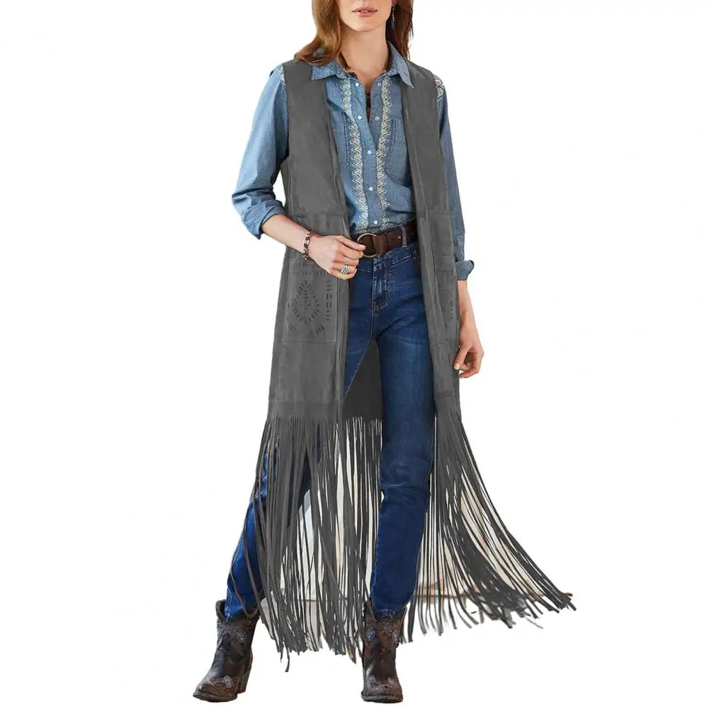 Generico Gilet da donna con nappe anni '70, hippie, cowgirl, western, in finta pelle scamosciata, rivetti senza maniche, con frange, streetwear per halloween