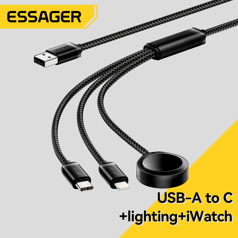 Essager 3 in 1 Multi USB A Charging Cable for Apple iWatch 1-8 Series  iPhone 14/13 Pro  With USB Type C Lightning Fast Cable