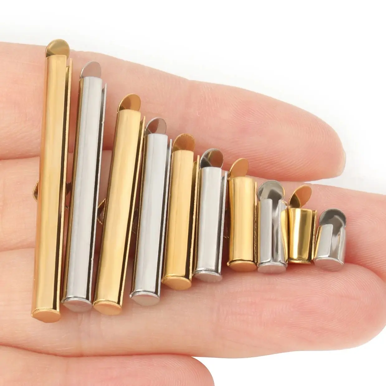 Edelstahl Gold Farbe Crimp End Perlen Slide End Verschluss mit Kette Schnallen Rohre Anschlüsse Charms machen DIY Schmuck 10 stücke