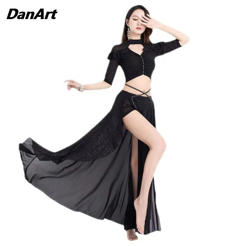 

Женский элегантный топ и юбка с резинкой для волос, танцевальный костюм для тренировок, элегантный топ в восточном стиле, длинное платье и повязка для волос