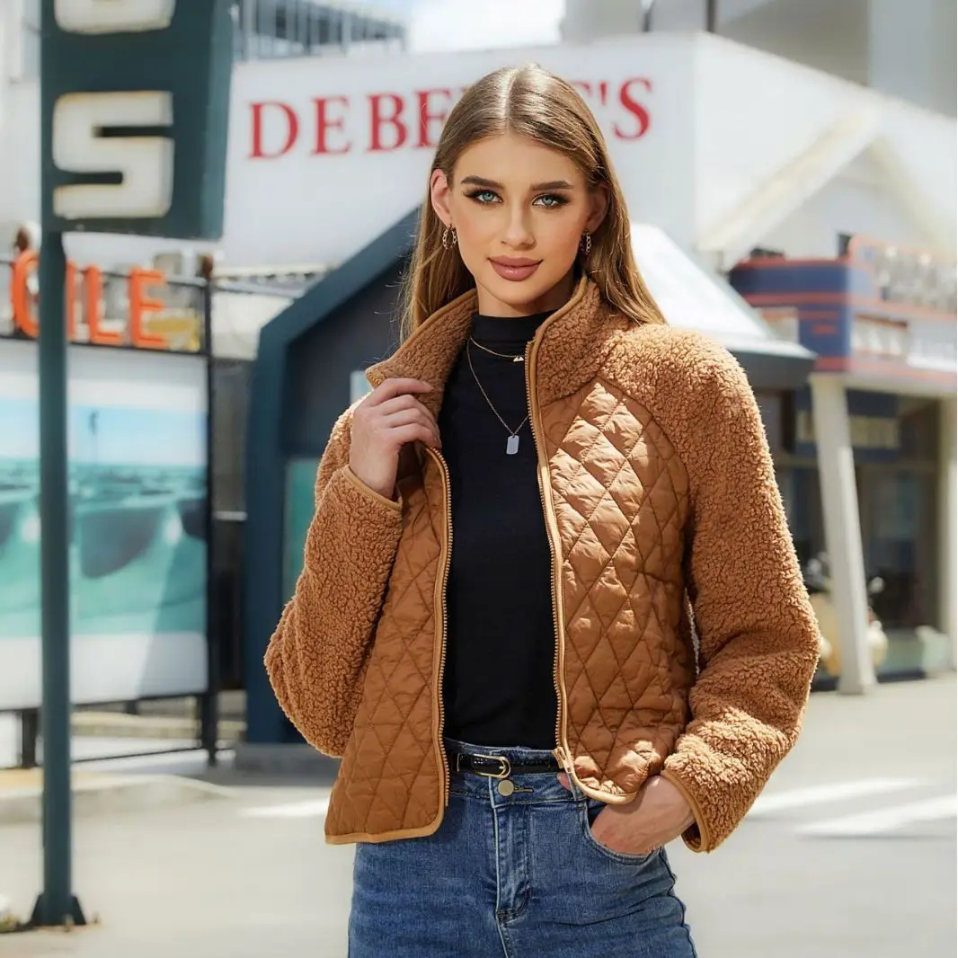 New designed women coat long sleeve solid color cotton PU patchwork zipper lapel western style ladies coat for autumn 2023