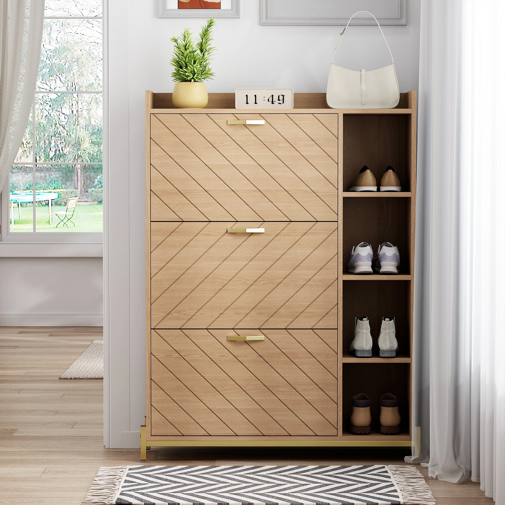 Schuhschrank im nordischen Stil mit Klappdeckel, Eichenholzoptik, drei Türen, großes Fassungsvermögen, ultradünner Eingangsbereichschrank, offene Seitenregale. – Detail 7