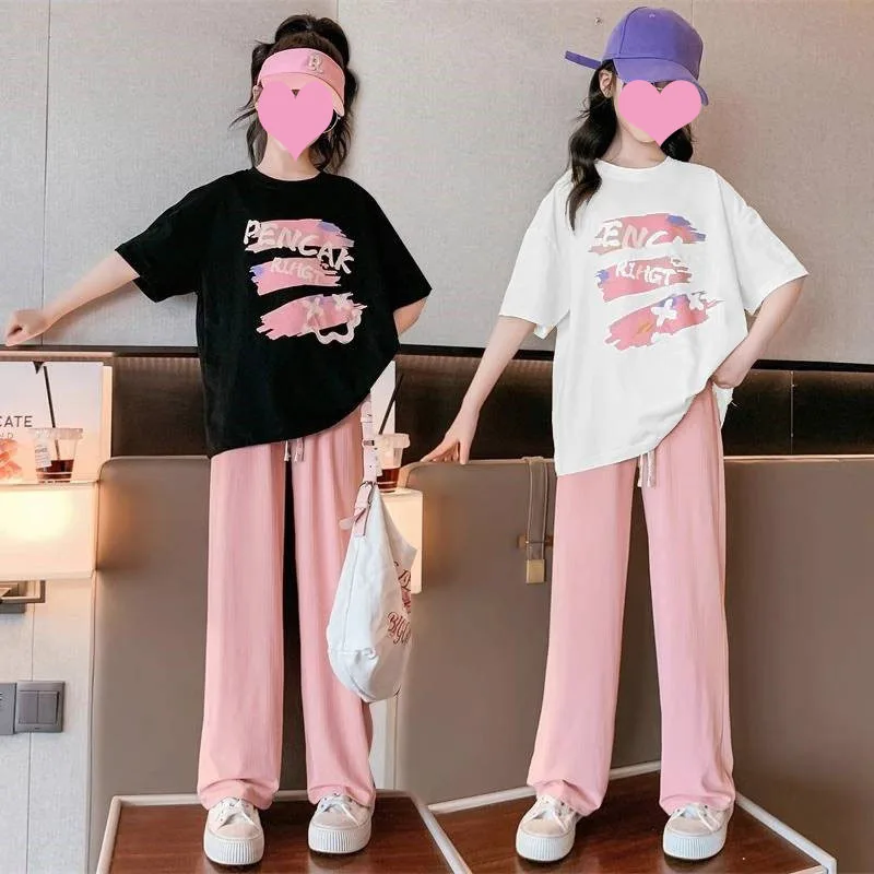 Girls' Letter Printed Loose T-shirt Straight Leg Long Pants Set 2024 New Children's Short Sleeved Loose Long Pants Two Piece Set