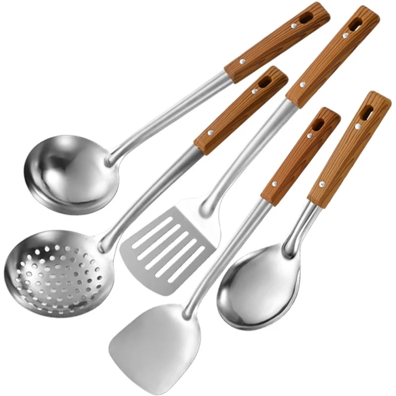 

5Pcs Stainsless Steel Kitchen Utensils Set Wok Spatulas, Soup Ladles, Colander, Spatulas Handle Cooking Utensils