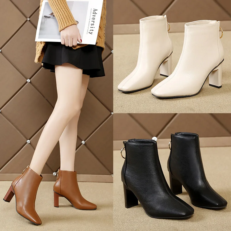 New Winter Women Boots High Heel Ankle Boots Woman Short Boots Zipper Thick Heel Modern Boots Ladies Fashion Casual Shoes