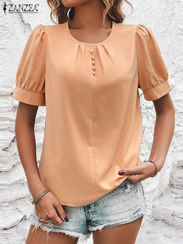 

ZANZEA Women Solid Vintage Tops Fashion Holiday Round Neck Blouse Casual Loose Puff Short Sleeve Shirts Leisure Pleating Tunics