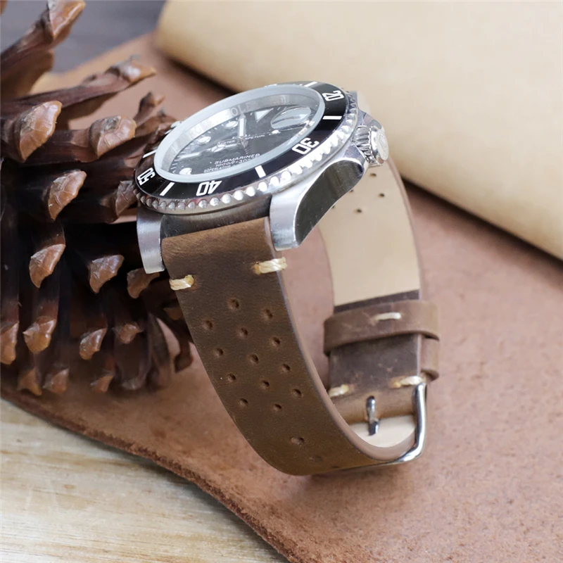 Handmade Genuine Leather Watch Band 18mm 19mm 20mm 22mm Retro Cowhide Sweatproof Strap Replacement Belt for Men Watch Bracelet