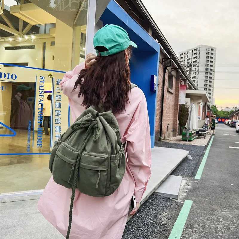 Women's Shoulder Strap Fashion Backpack Large Capacity Travel Sports Backpack Solid Color Simple Pleated Washed Canvas