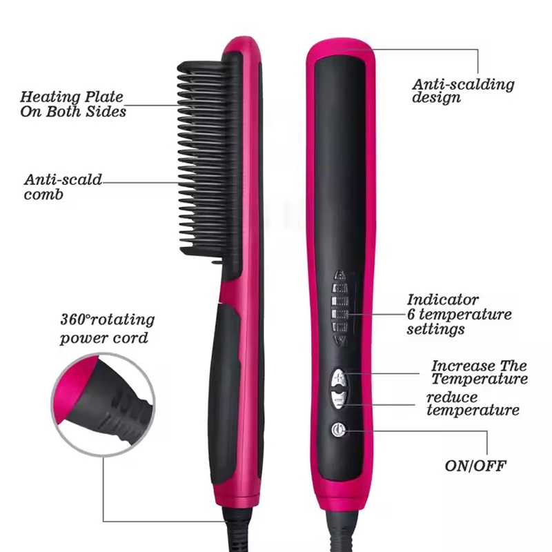 Hair & Beard Straightener Ionic Ceramic Hot Comb Electric Straighten Curling Hair Brush Negative Ion Anti-scalding Styling Tool