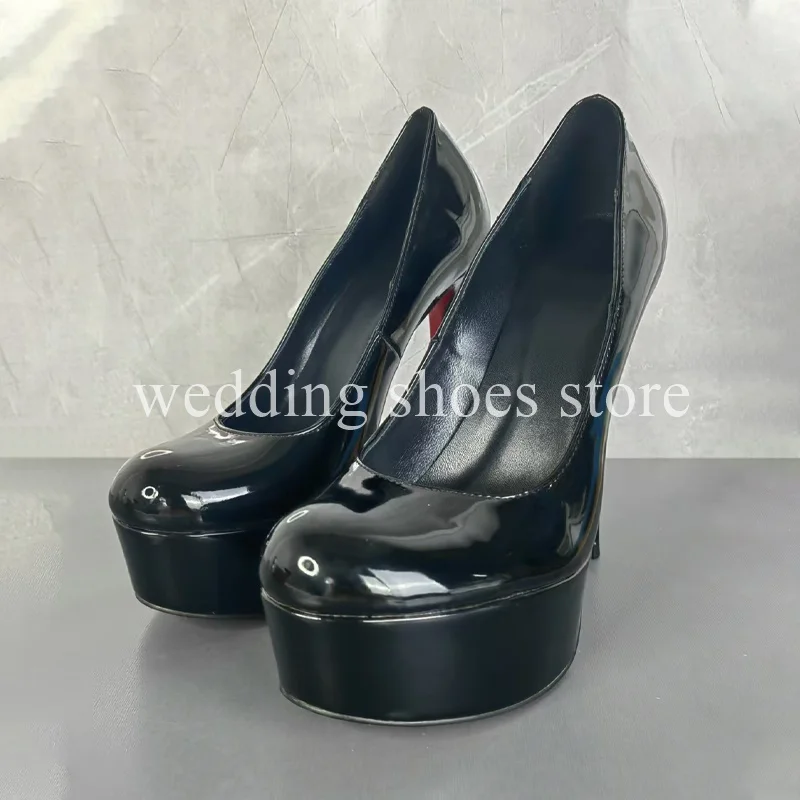Women's Black Patent Leather Anime Super High Heels Sexy Bag Shallow Mouth Thick-soled Luxury Wedding Single Shoes Bag for Women 3