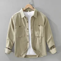#4473 Cargo Shirts Men Turn-down Collar Solid Color 100%Cotton Men's Shirts Long Sleeve Loose Outerwear Streetwear Shirts Daily 1