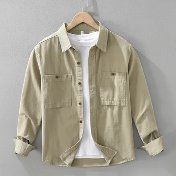 #4473 Cargo Shirts Men Turn-down Collar Solid Color 100%Cotton Men's Shirts Long Sleeve Loose Outerwear Streetwear Shirts Daily 1