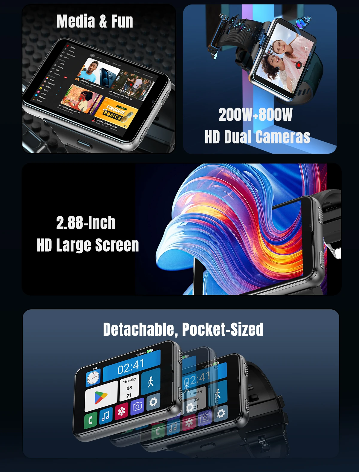 S999 4G LTE Smart Watch Android 11.0 OS 4GB RAM 64GB ROM 2.88" Big Screen 2MP/8MP Dual Camera Quad Core 2300mAh Men Smartwatch 9 S3c083c4839594fb29f4120cd87d5e4bbt
