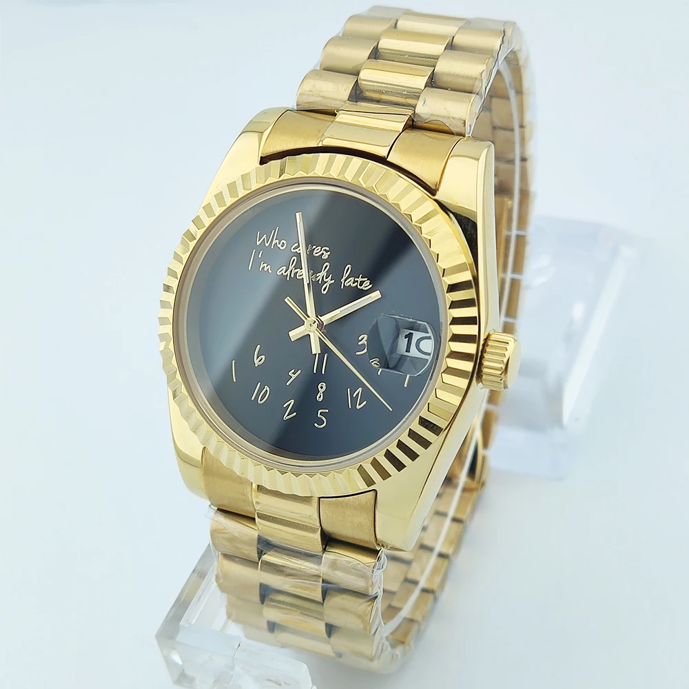 Gold Men Watch Who cares i'm already late Watch No gold Text Sapphire Glass Stainless Steel nh35 Movement Waterproof