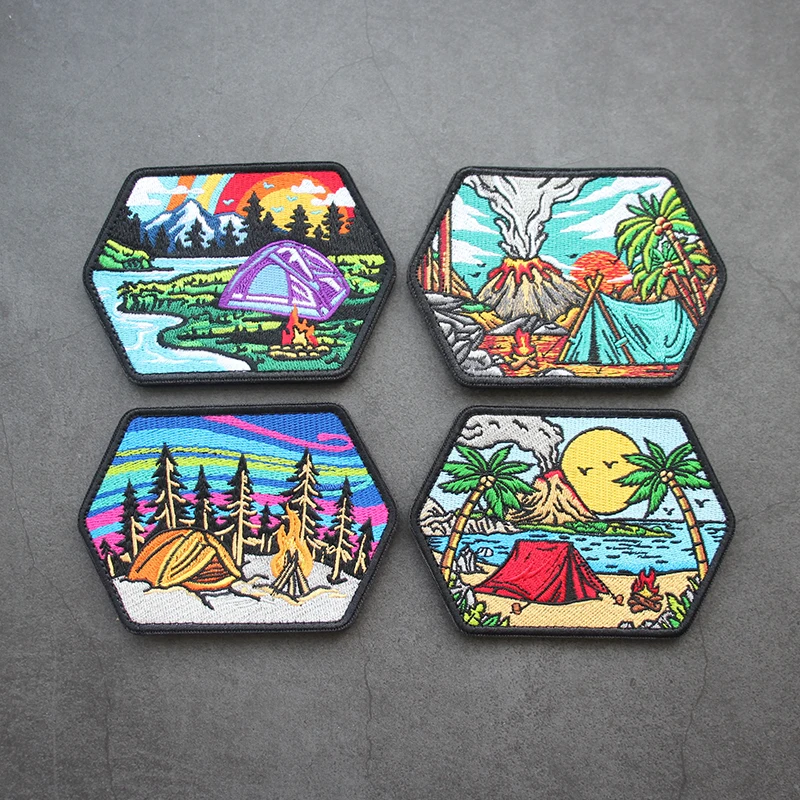 

Fully Embroidered Hook and Loop Patches for Clothing Volcano Scenery Armband Coconut Tree Morale Badge DIY Clothing Accessories