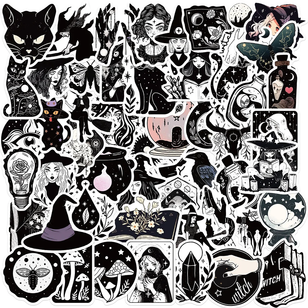 

10/30/50PCS New INS Black and White Witch Stickers Cartoon Creative Animation iPad DeskCar Chair Decoration Waterproof Wholesale