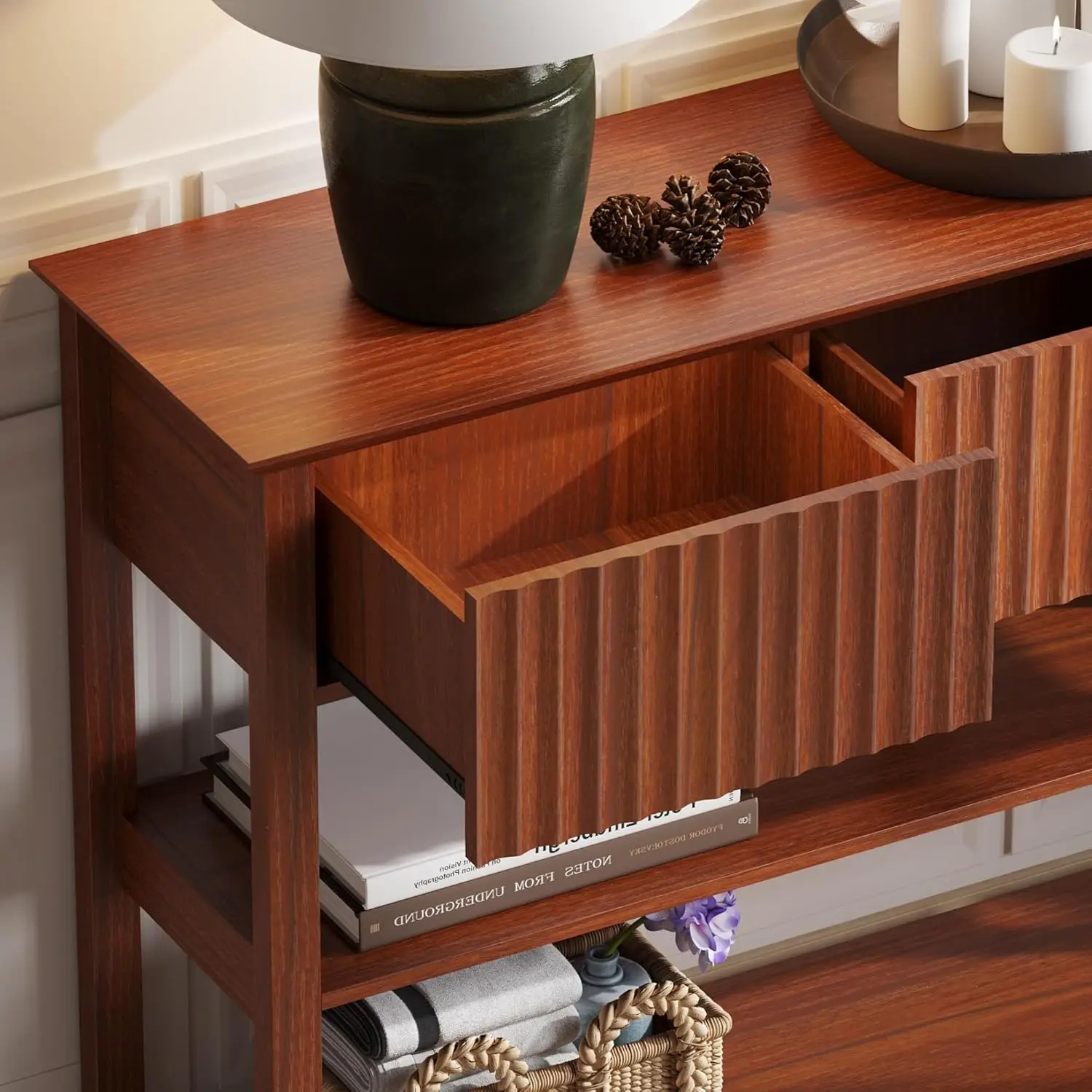 47" Console Tables for Entryway, Fluted Entryway Table with Drawers and Shelves, Narrow Sofa Table Behind Couch Table