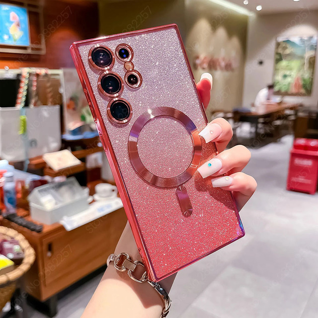 Glitter Luxury Magnetic Woman Case For Magsafe For Samsung Galaxy S24 S23 S22 Ultra Plus Accessories Wireless Charging Cover - For Galaxy S22, red