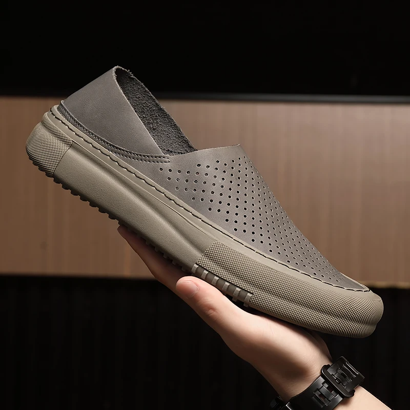 2024 New Summer Men's Shoes Plaid Hollow Breathable Casual Men's Shoes Slip-On Lazy Shoes Doudou Loaf Driving Shoes 4