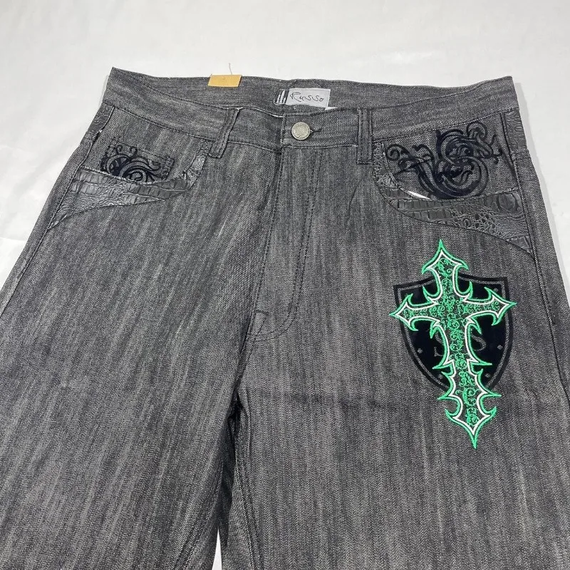 Gothic geometric cross graphic design baggy denim shorts men clothing y2k high street hip-hop popular versatile basketball short