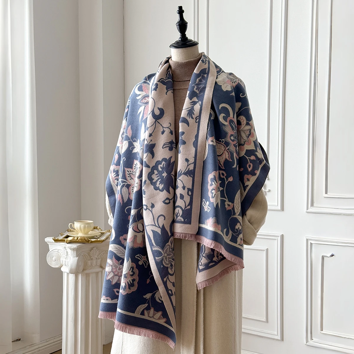 Brand Fashion Winter Cashmere Shawl for Women - Tasseled Vintage Floral Printed Oil Painting Style Pashmina Thick Scarf & Poncho