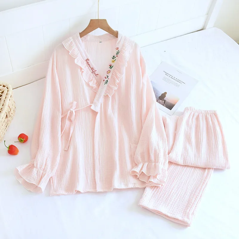 

Kimono Robes Pajamas Sets for Women Sleepwear Cotton Autumn Thin Long Sleeved Cardigan Home Clothing Comfortable Pajamas Set