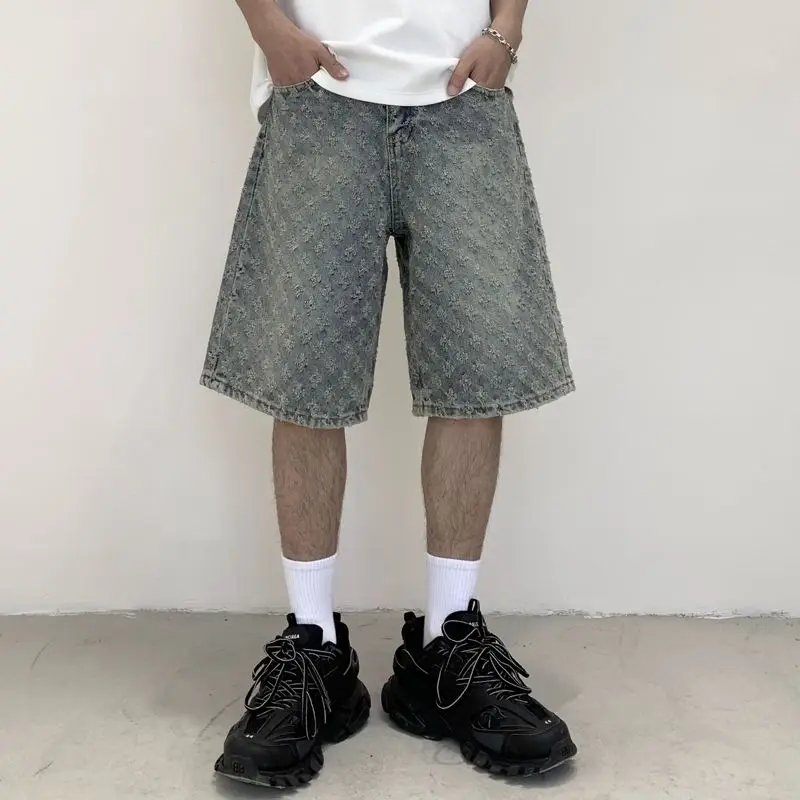Men's Stylish American Cowboy Shorts Loose Fit Floral Print Straight-Leg Seven-Quarter Fashion Denim