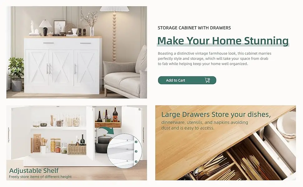 42" Barn Doors Buffet Cabinet with Storage