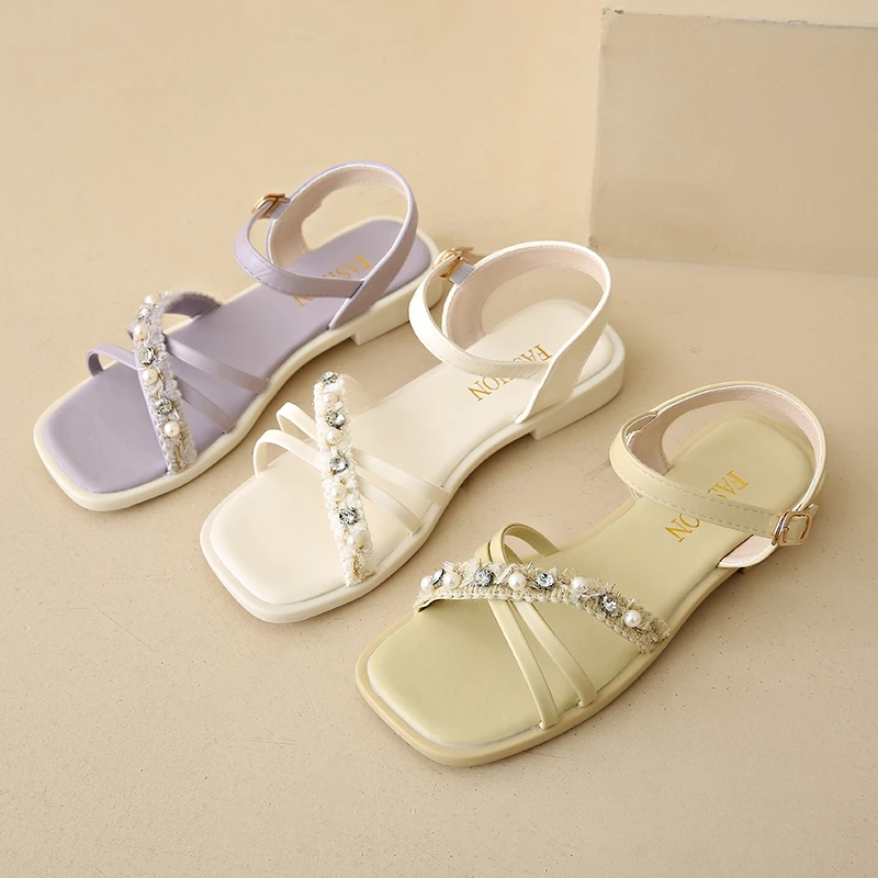 Aphixta New Pearl Dec Woman Sandals Shoes Square Toe Cross Strap Buckle Luxury Diamond Summer Shoes Sweet Low Heel Shoes Size 41