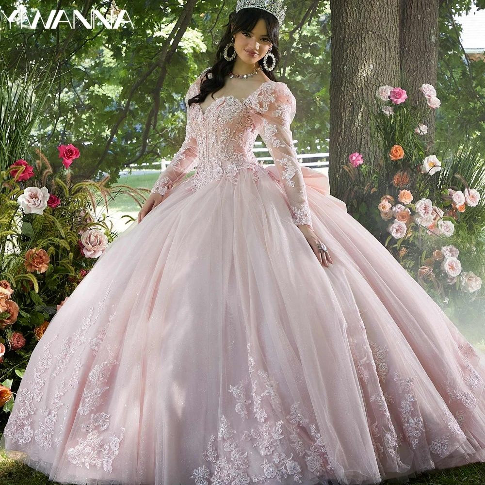 Afneembare Pofmouw Quinceanrra Prom Jurken Exquise Appliques Prinses Lange Sprankelende Pailletten Kralen Sweet 16 Jurk Vesti