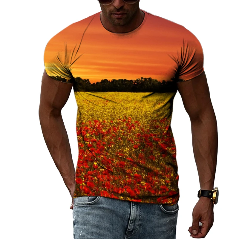 

Summer Men's Flower Pattern T-shirt Street Hip-hop Trend Round Neck 3D Top Casual Personality Fashion Printing Short-sleeved Clo