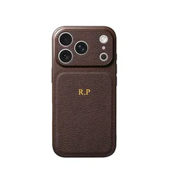 Personalized Gold and Silver Initials Leather Phone Case with Luxury Lens Protection - iPhone 15 (Coffee)